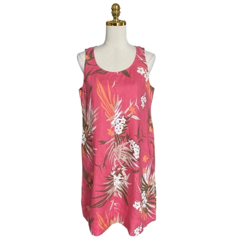 J.Jill Women's 100% Linen Coral Floral Sleeveless Crew Neck Shift Dress Size MP - Picture 2 of 8